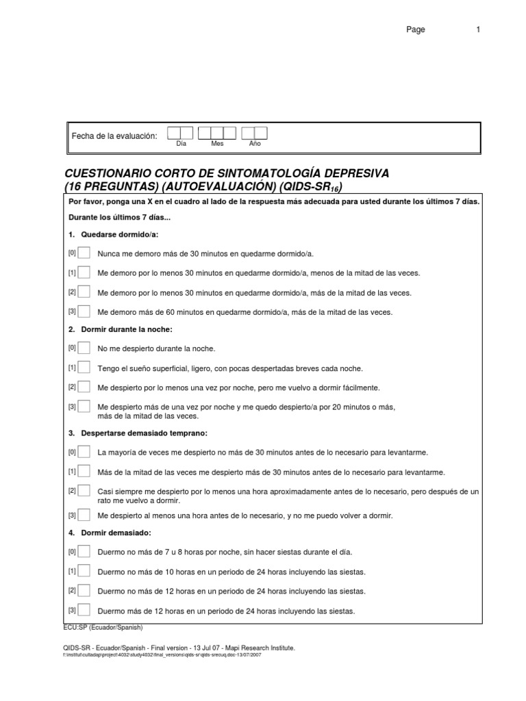 QIDS SRSpanish Equador | PDF | Dormir | Suicidio