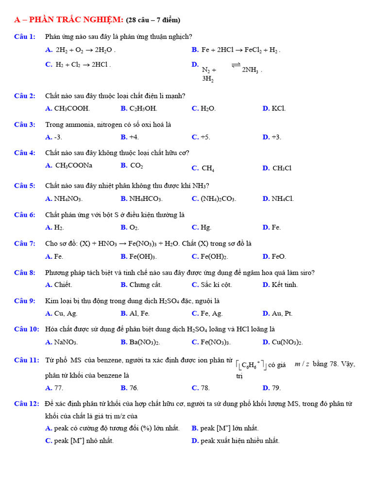 (Hóa 11) Thi Thử Học Kì i - Đề Số 1 | PDF