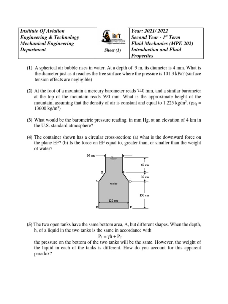 Fluid Mechanics Problems and Solutions | PDF | Pressure | Shear Stress