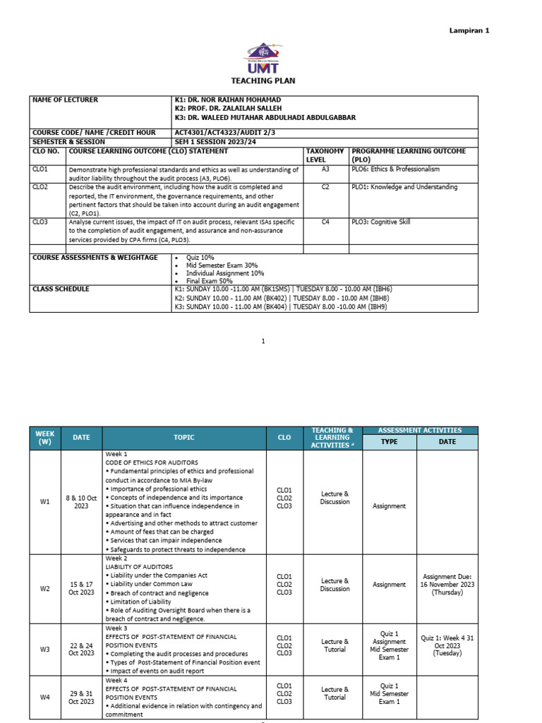 Audit Course Teaching Plan 2023/24 | PDF | Technology & Engineering