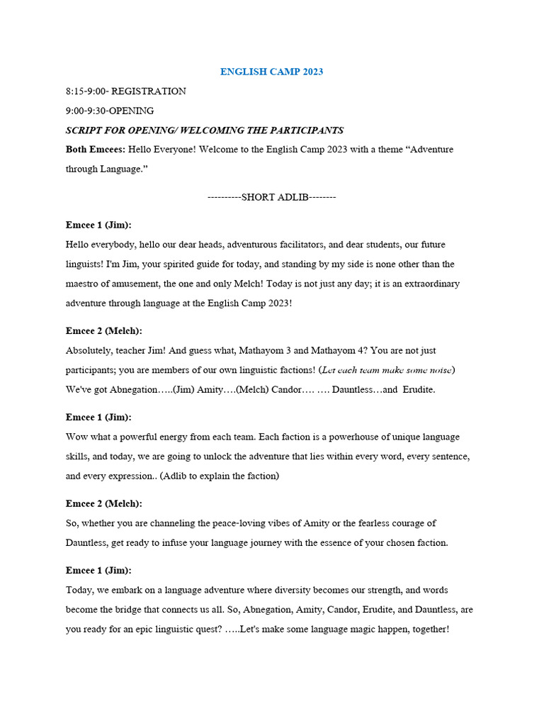 English Camp 2023 Emcee Script | PDF | Human Communication