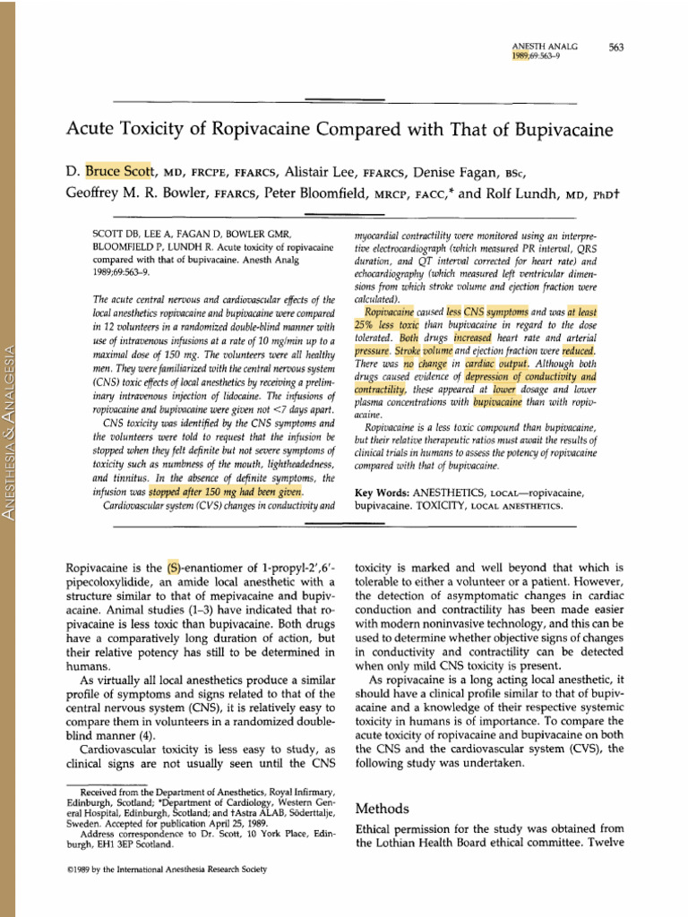 Acute Toxicity of Ropivacaine PDF Ejection Fraction Anesthesia