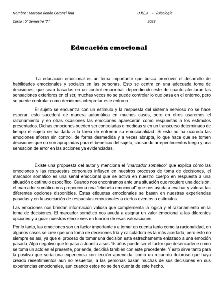 Educación Emocional y Toma de Decisiones | PDF | Las emociones | Cerebro