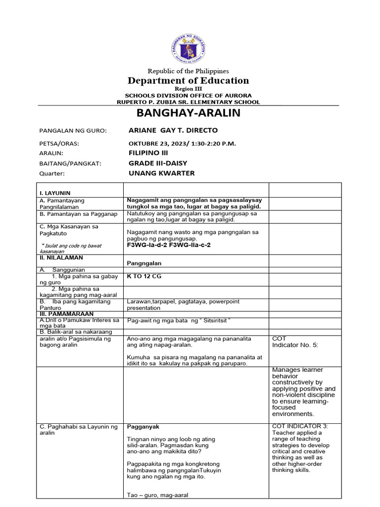 1st Cot Lesson Plan PANGNGALAN PDF