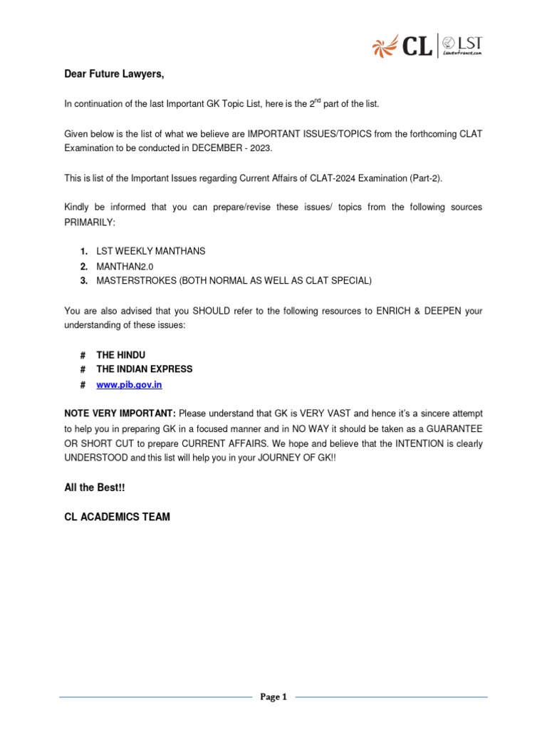 Important GK Topics for CLAT 2024 | PDF