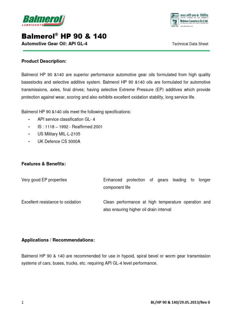 Balmerol HP 90 & 140: Automotive Gear Oil: API GL-4 | PDF | Applied And ...
