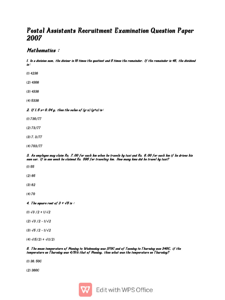 (WWW - Entrance-Exam - Net) - India Post Postal Assistant Exam Math ...