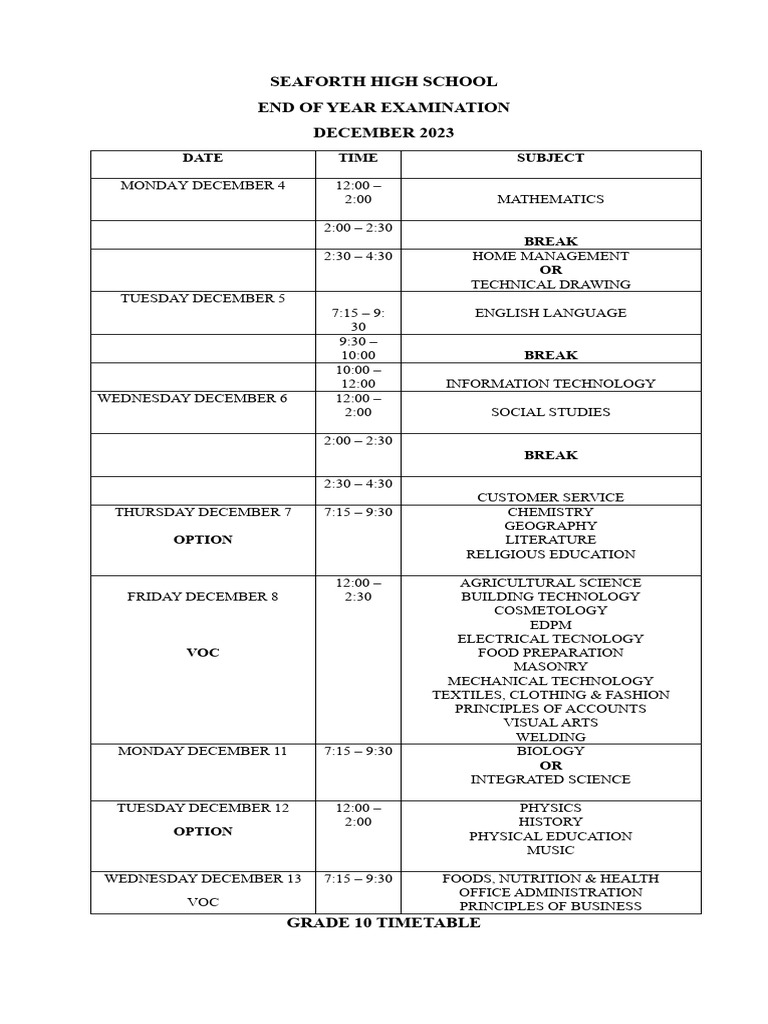 Grade 10 Timetable 2023 PDF