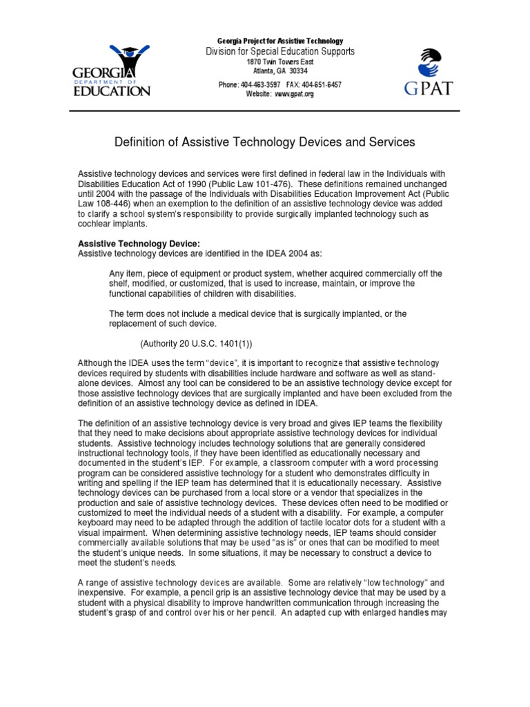 Definition of Assistive Technology Devices and Services Division For