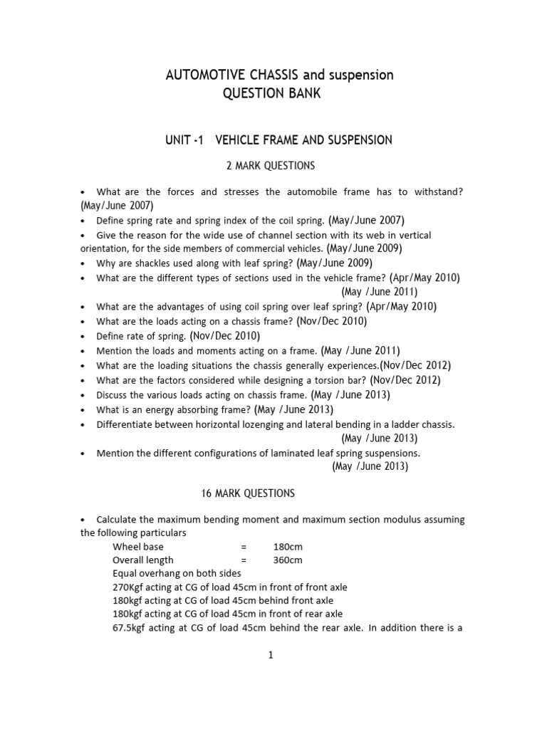 Question Bank Automotive Chassis PDF Gear Axle