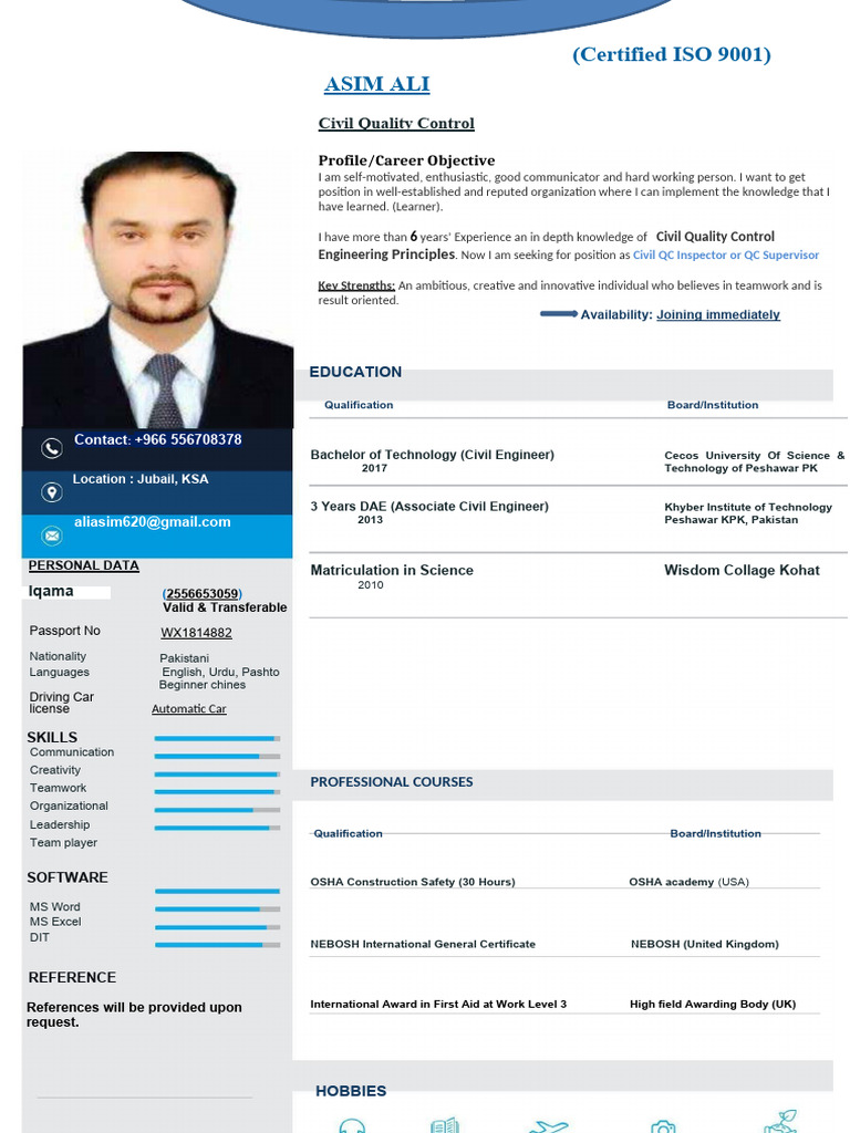 QC Civil Inspector CV Last Update 2023 | PDF | Concrete | Quality Assurance