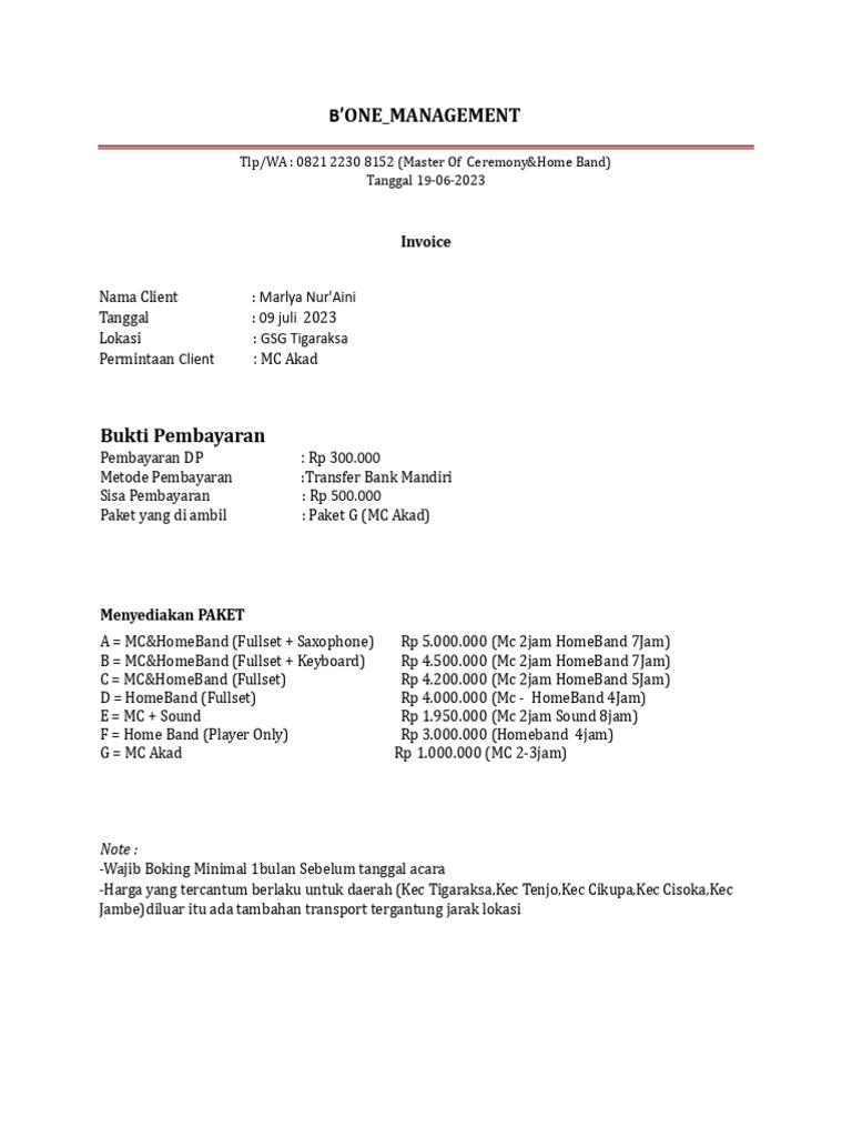 Invoice MC Akad untuk Marlya Nur'Aini | PDF