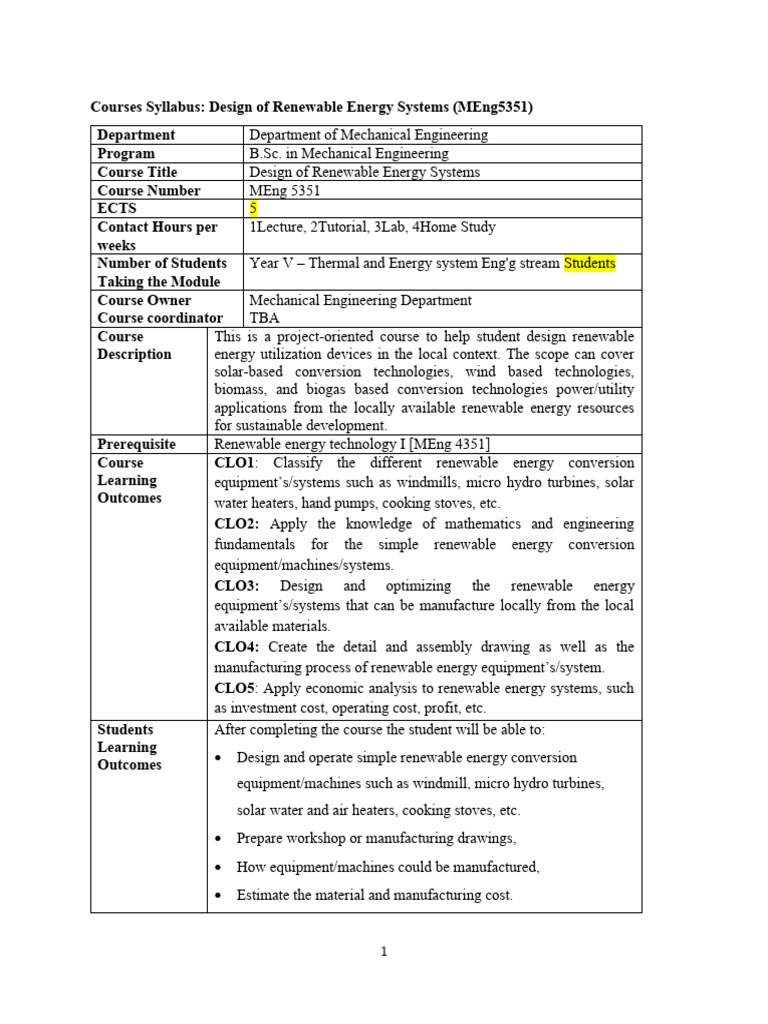 Renewable Energy Systems Course Syllabus | PDF | Renewable Energy | Lecture