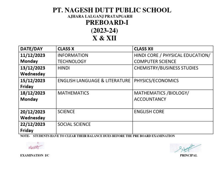 Pre Board 1 Date Sheet 20241 PDF