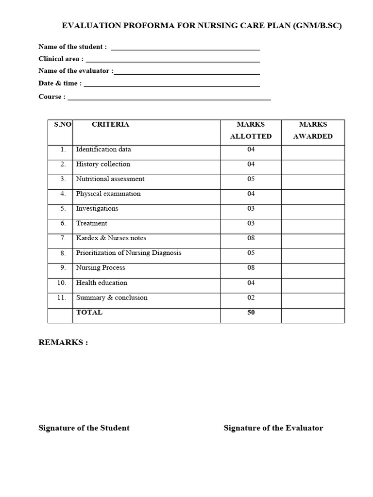 Nursing Care Plan Evaluation Form | PDF
