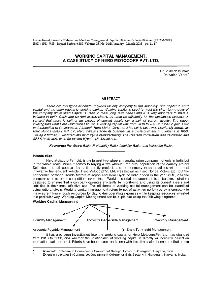 Working Capital Management A Case Study Of Hero Motocorp Pvt Ltd