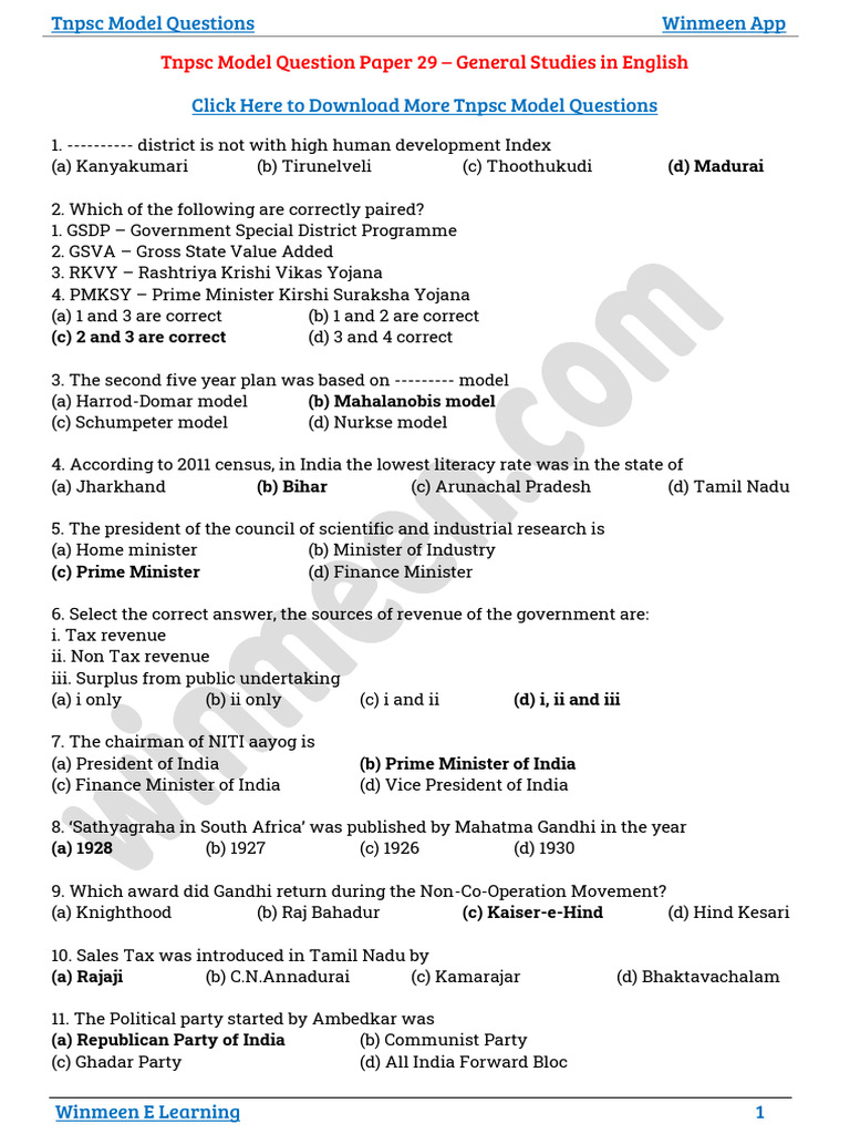 TNPSC Model Questions and Answers | PDF | Travel