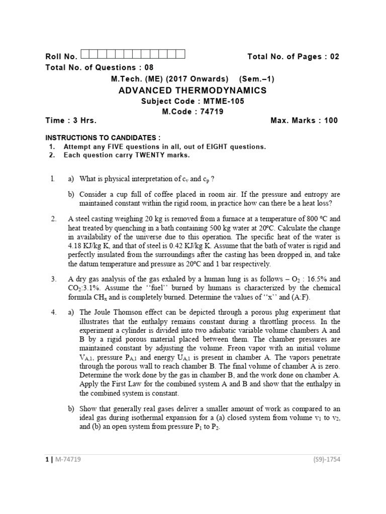 Advanced Thermodynamics Nov 2019 | PDF