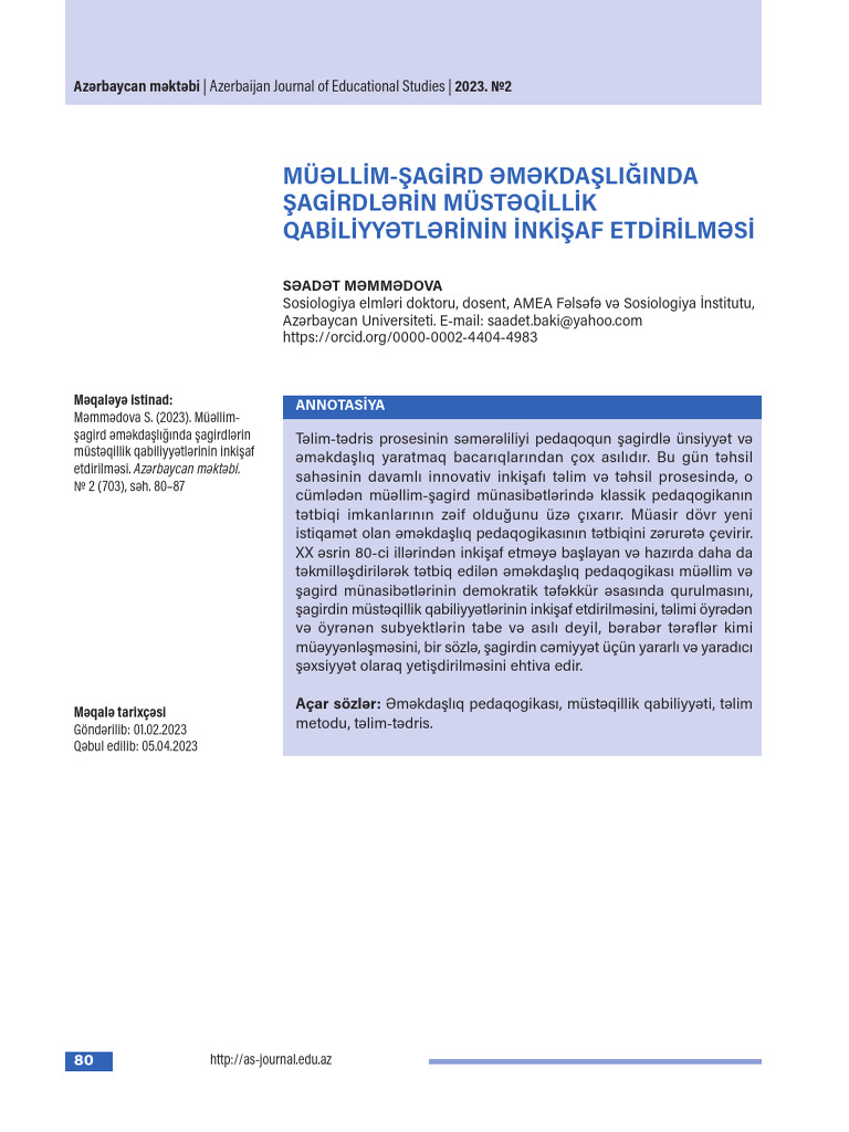 Müəllim-Şagird Əməkdaşliğinda Şagirdlərin Müstəqillik Qabiliyyətlərinin ...
