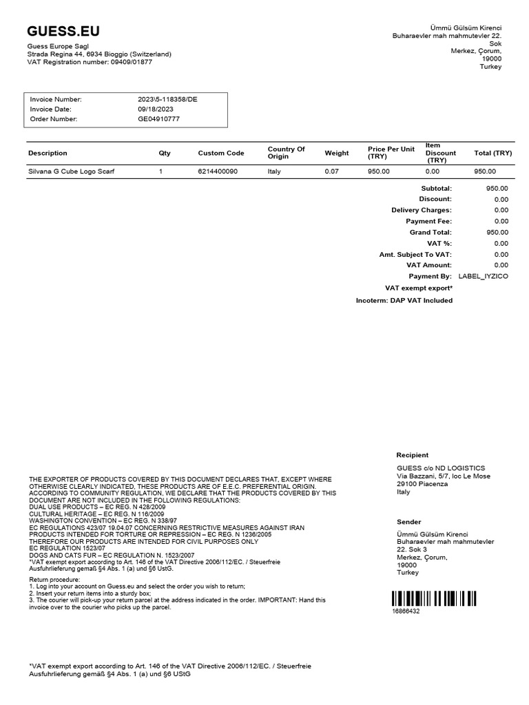 Guess Europe Invoice for Turkish Order | PDF | Invoice | Value Added Tax