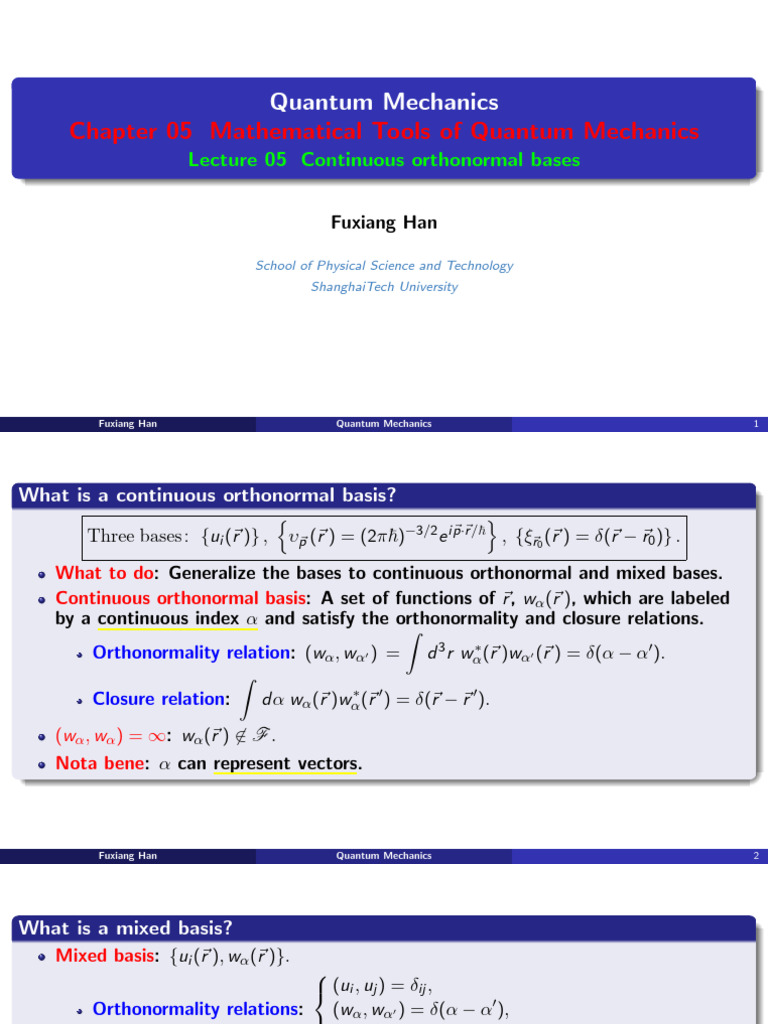 Continuous Orthonormal Bases in Quantum Mechanics | PDF