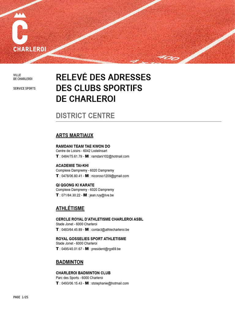 Clubs sportifs à Charleroi | PDF | Jeu d'adresse | Sports olympiques