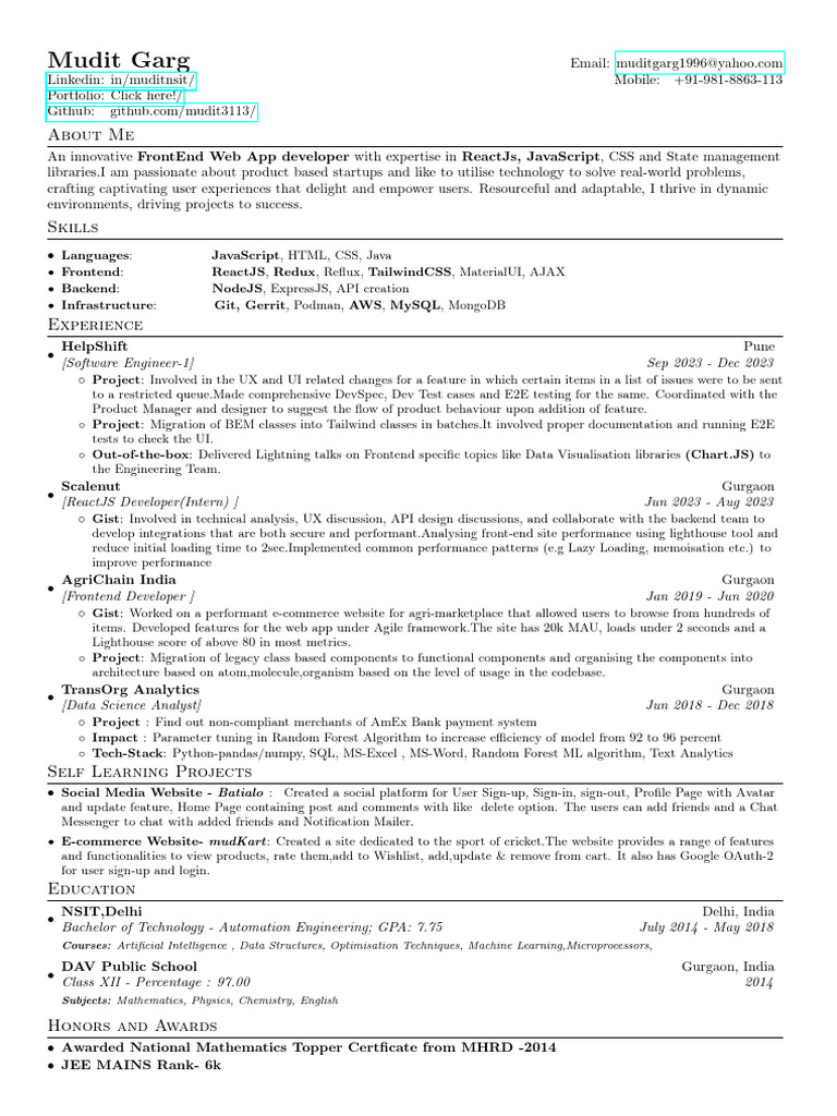 Frontend Developer Mudit Garg Profile | PDF | Java Script | Computer ...