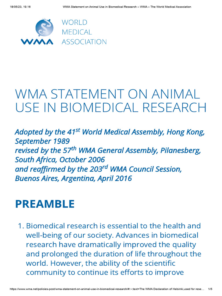 WMA Statement on Animal Research Use | PDF | Experiment | Animal Welfare