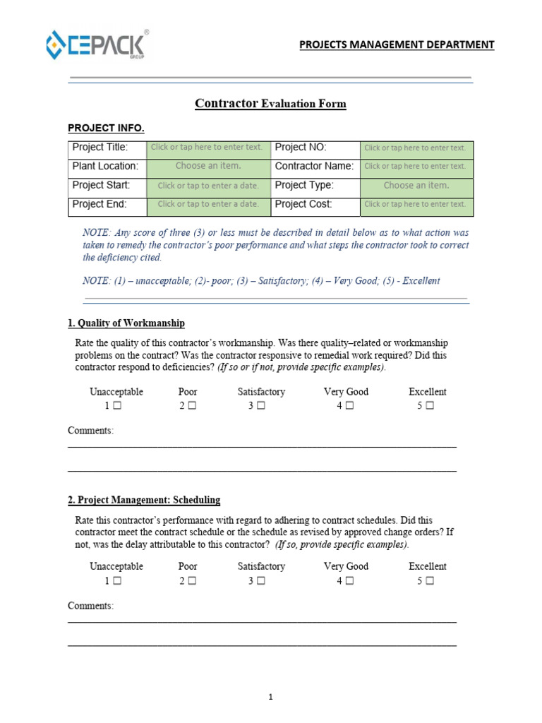 Contractor Evaluation PDF Business
