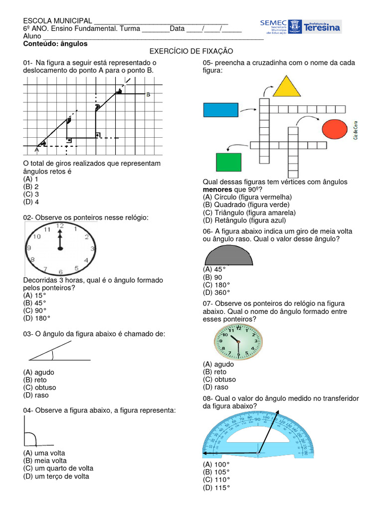 Exercícios sobre Ângulos para 6º Ano | PDF | Ângulo | Trigonometria