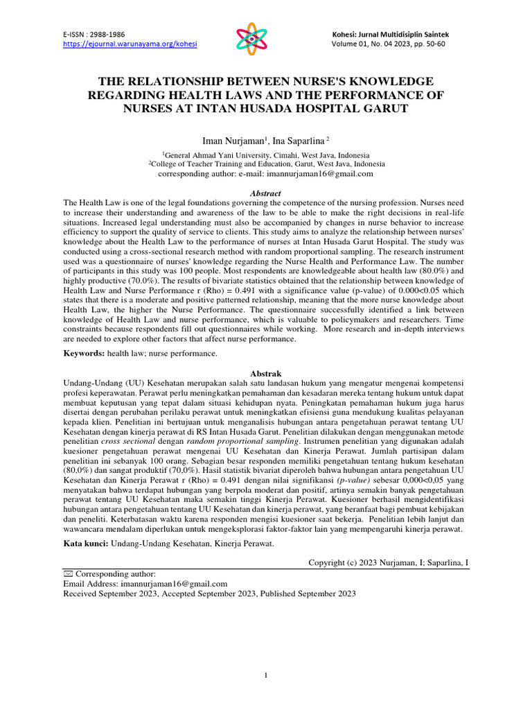 The Relationship Between Nurse's Knowledge Regarding Health Laws and ...