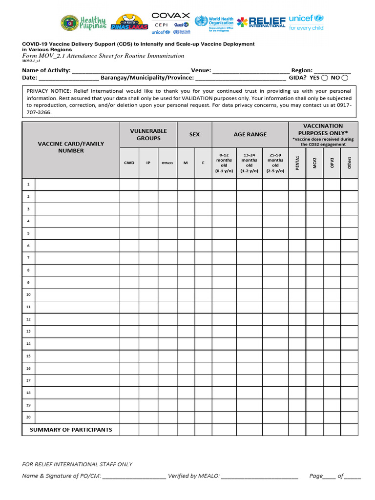 MOV - 2.1 Attendance Sheet For Routine Immunization | PDF | Medicine ...