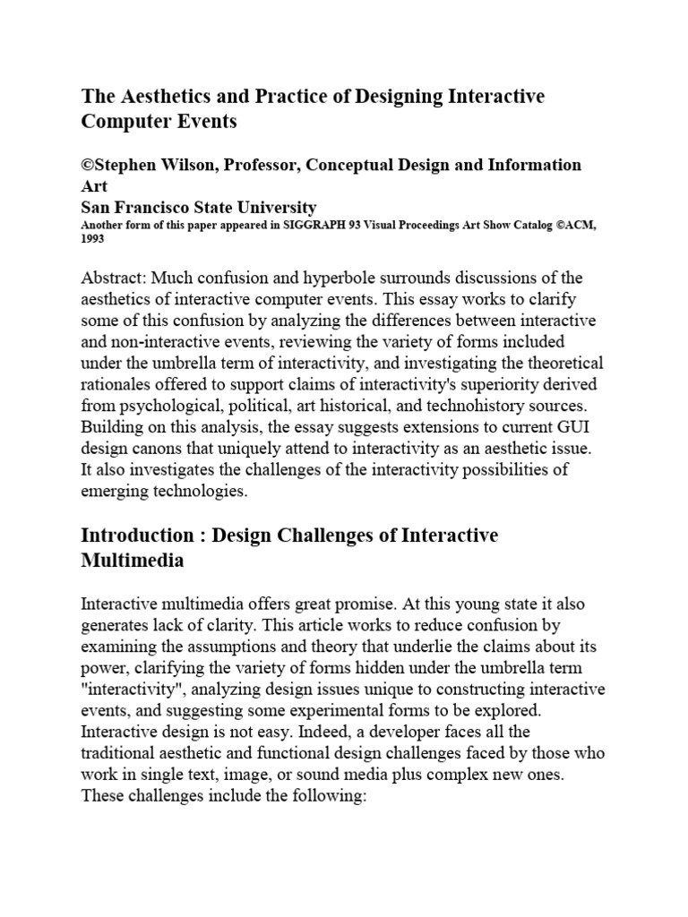 The aesthetics and practice of designing interactive computer events