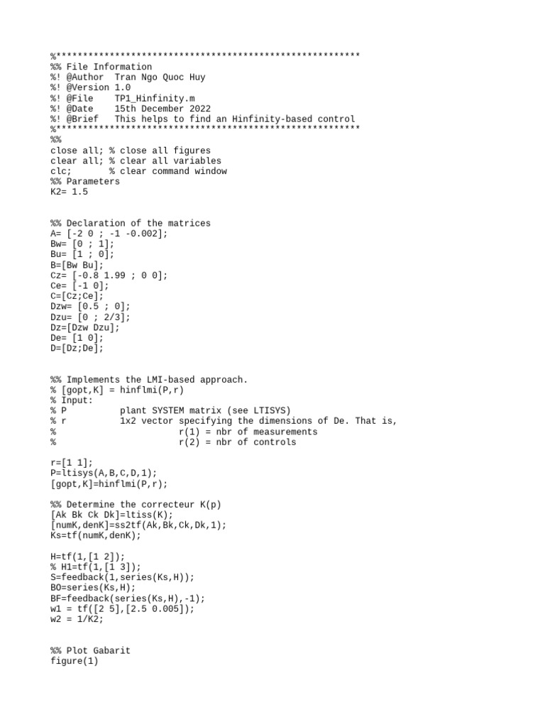 H-Infinity Control LMI MATLAB Script | PDF | Computers
