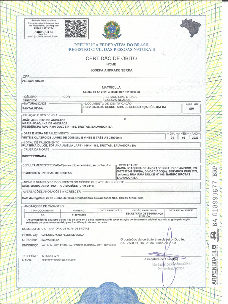 Certidao Obito Josefa Pdf