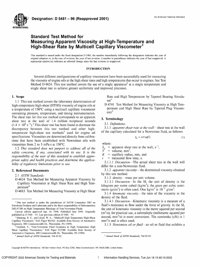 ASTM D5481-96 - Measuring Apparent Viscosity at High-Tempera | PDF