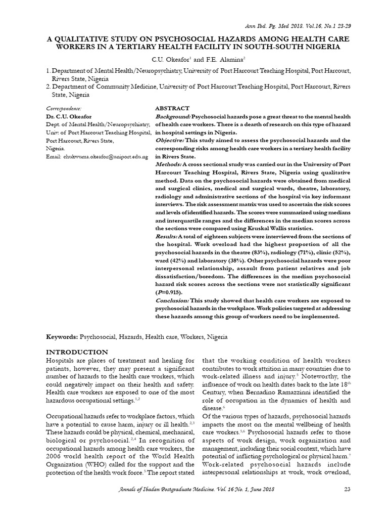 U2 4 reader 1 qualitative study psychosocial hazards hcw pdf