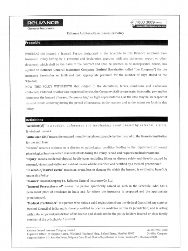 Reliance Autoloan Care Insurance Policy | PDF | Insurance | Private Law