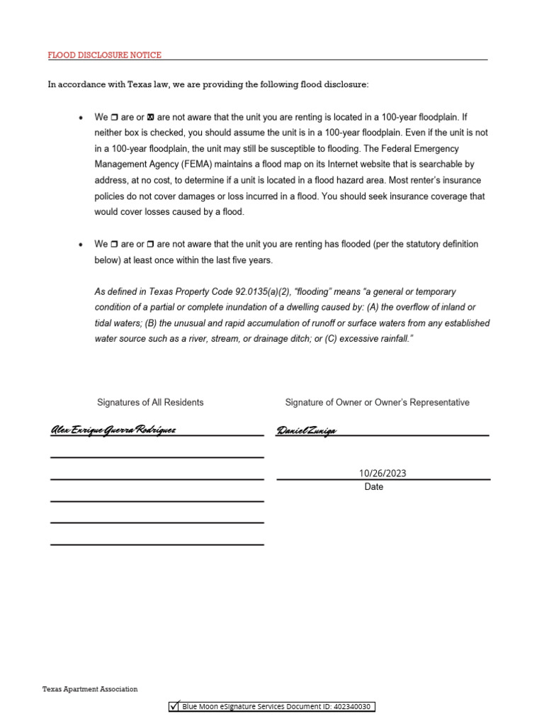 Flood Disclosure Notice: Texas Apartment Association | PDF | Lease | Flood