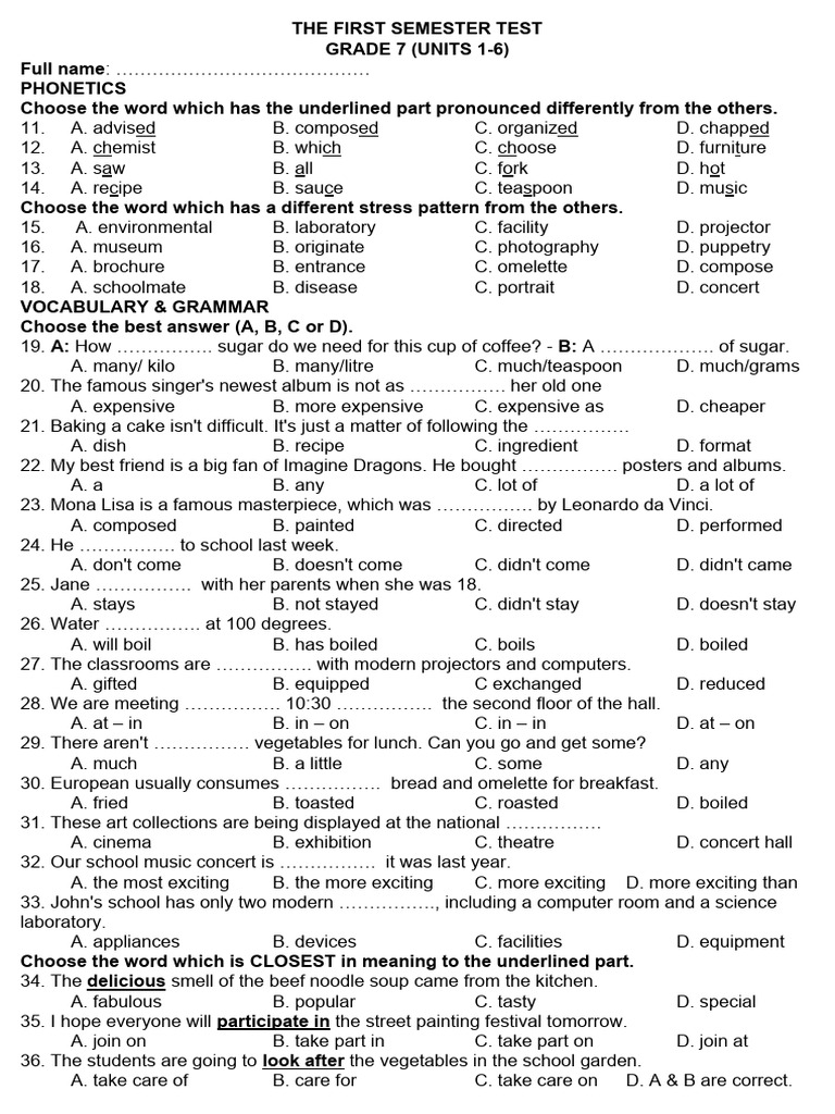 Grade 7 English First Semester Test | PDF | Cuisine | Food And Drink