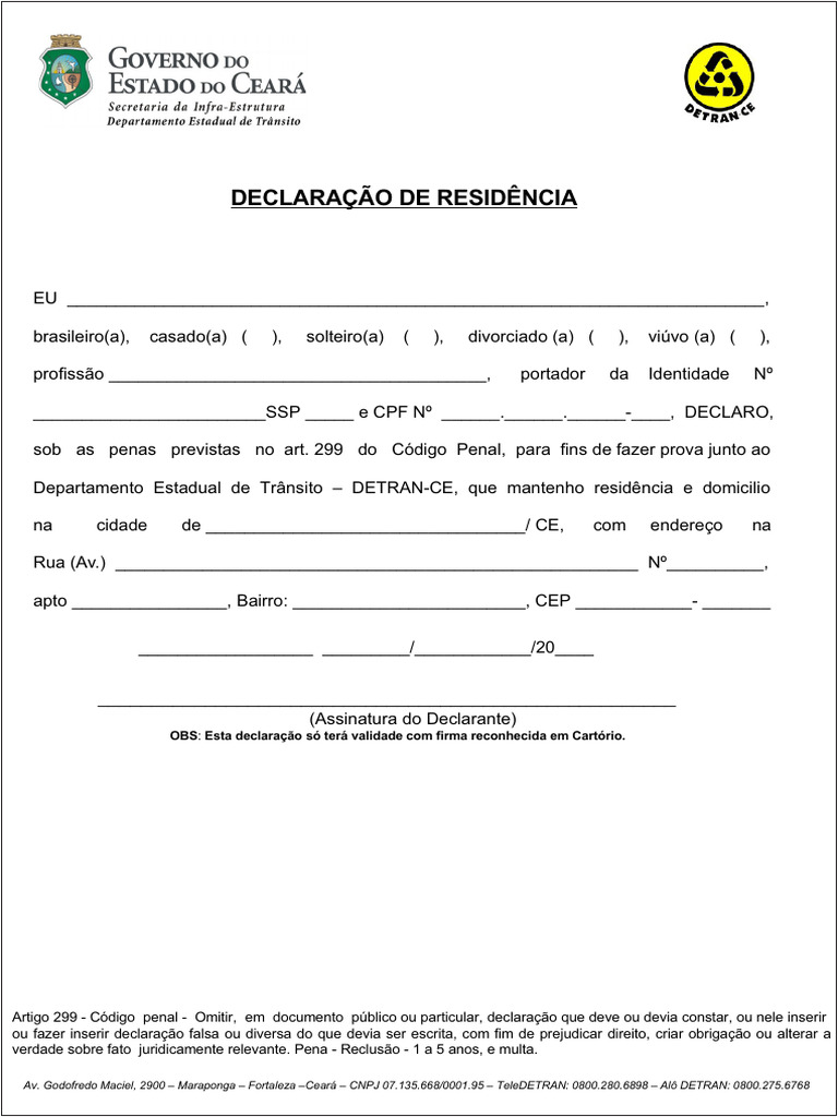 Declaração de Residência para Detran | PDF | Finanças e Administração ...