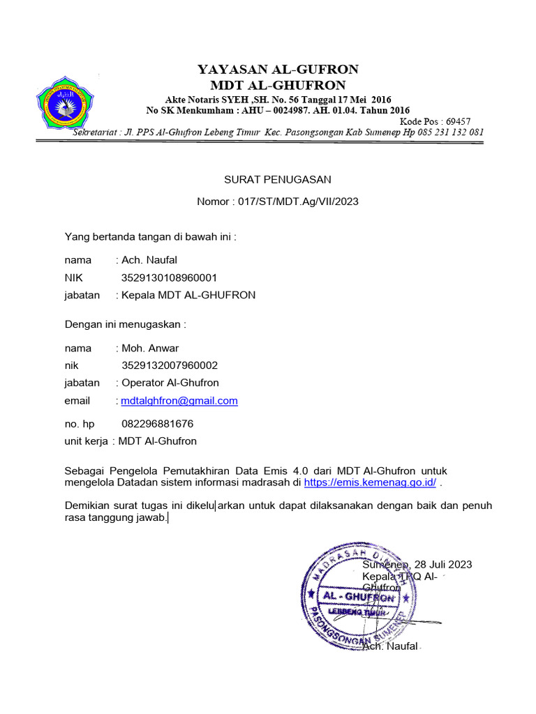 Contoh surat tugas operator mdt pdf