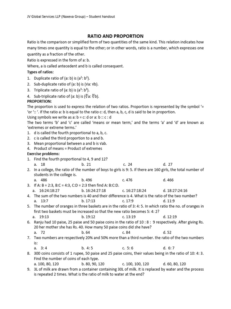 Ratio and Proportion Concepts and Exercises | PDF | Ratio | Arithmetic