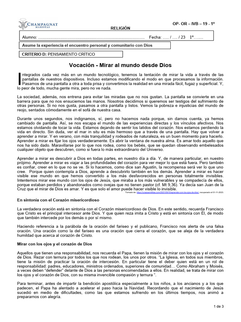 Ficha n 19 20 1 4 bim mirar al mundo desde dios pdf