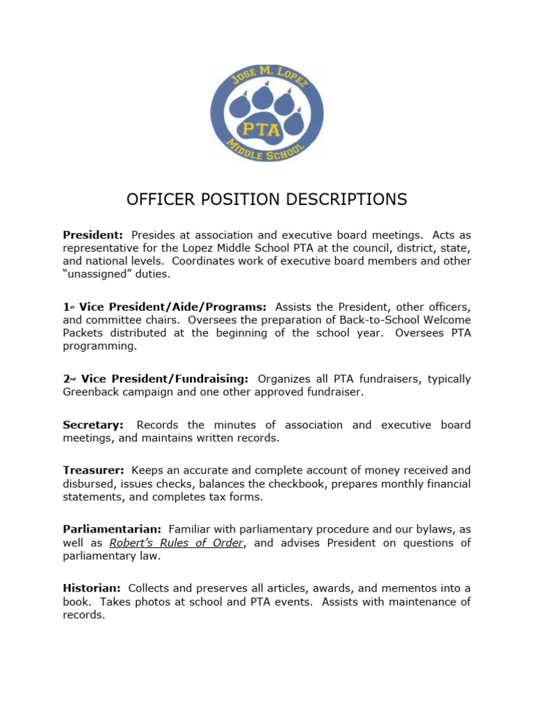 Lopez Middle School PTA Officer Roles | PDF | Committee | Parliamentary ...