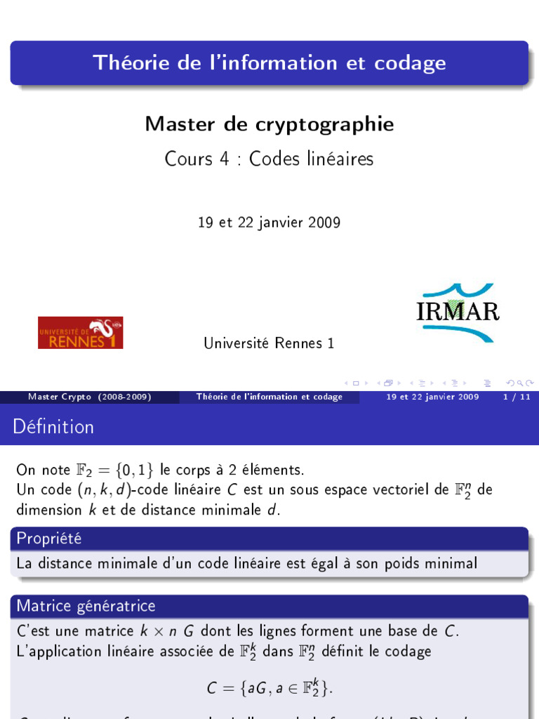 Codes Linéaires en Cryptographie | PDF | Mathématiques | Mathématiques ...