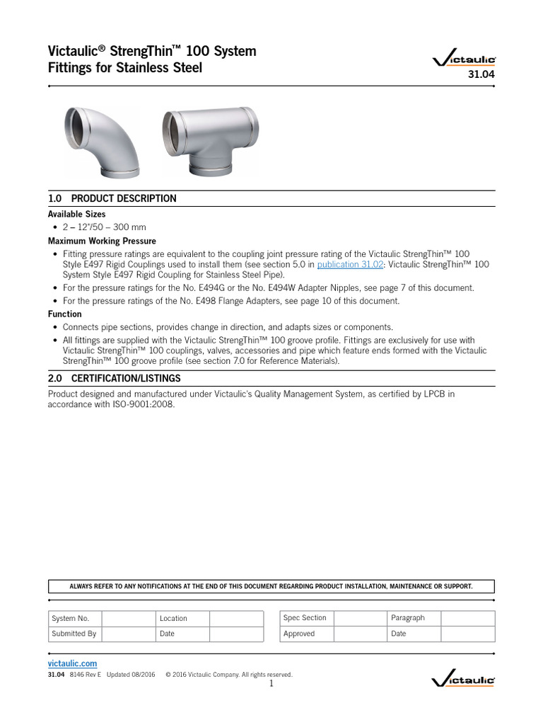 Victaulic StrengThin 100 Fittings For Stainless Steel PDF Pipe