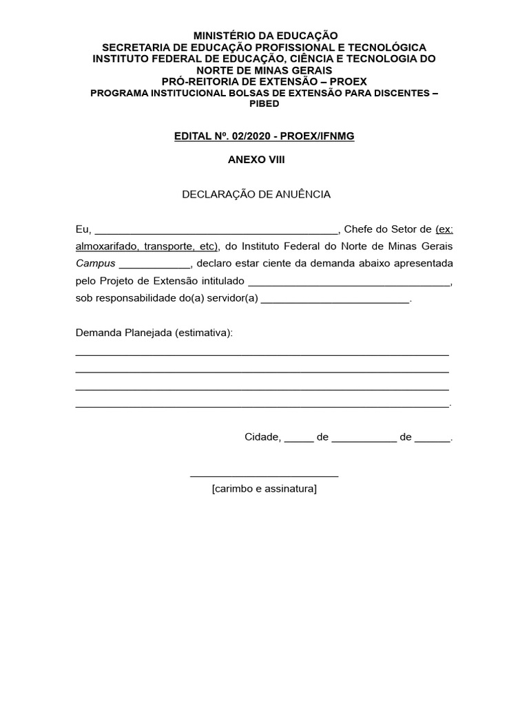 Declaração de Anuência - PIBED IFNMG | PDF