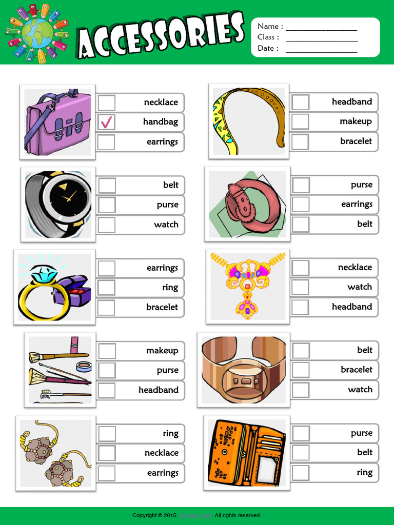 Accessories Esl Vocabulary Multiple Choice Worksheet For Kids PDF