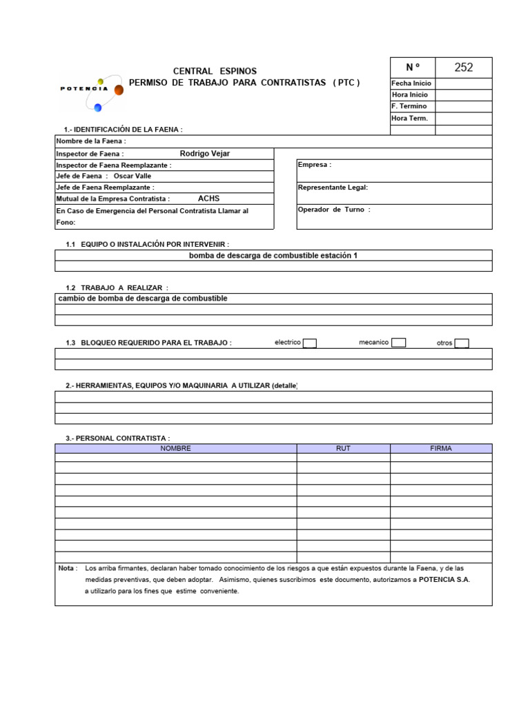Formulario PTC Contratistas | PDF